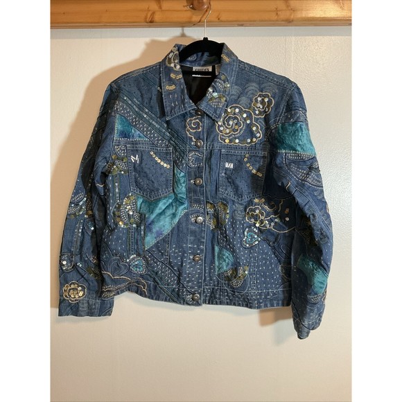 Chico's Jackets & Blazers - Chicos Design Women’s 1 Denim Sequin Beaded Jacket India Made Cotton Art to Wear